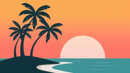Obraz premium Island life, tropical island with palm trees, copy space, flat design illustration, ,