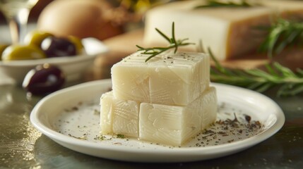 A piece of dried goat cheese. Spanish snack on a white table and brown background, generated AI