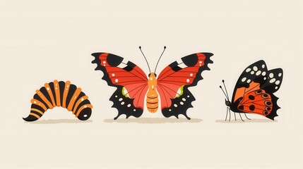 Life cycle, butterfly from caterpillar to adult, copy space, flat design illustration, ,