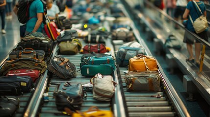 Fototapeta premium Close-Up of Delayed Baggage Claim at the Airport: Long Queues at the Counter, Anxious Passengers, Scattered Luggage, and Apology Signs