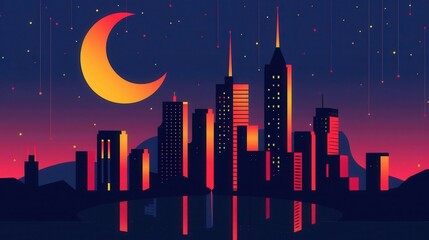 Nightlife, vibrant city nightlife scene, copy space, flat design illustration, ,