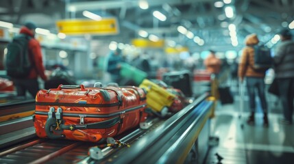 Close-Up of Delayed Baggage Claim at the Airport: Long Queues at the Counter, Anxious Passengers, Scattered Luggage, and Apology Signs