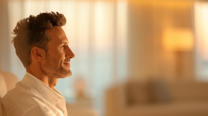 Portrait of a Sophisticated Man Contemplating in a Luxury Hotel Suite with Ambient Light Filtering Through - Photorealistic View
