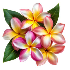 Fototapeta premium Tropical plumeria flowers with vibrant pink and yellow petals, lush green leaves, photorealistic detail, macro photography, zen composition, isolated PNG on transparent background, beauty & relaxation