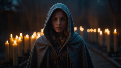 a mystical woman in a cloak with a hood stands calmly in a hall with candles