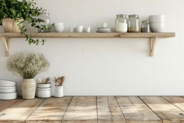 Minimalistic rustic kitchen interior with wooden shelves and white wall mockup, wooden table, empty space for product display or advertising design.