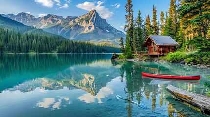 Fototapeta premium A wooden cabin by a lake with a mountain in the background.