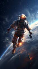A lone astronaut floats in space, the Earth's horizon and starry sky behind them. The astronaut is wearing a white helmet, a blue and orange spacesuit, and boots.