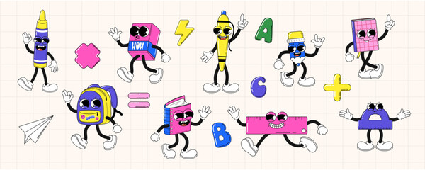 Set of school supplies in retro style. Groovy characters with faces, arms and legs. Vector illustration.