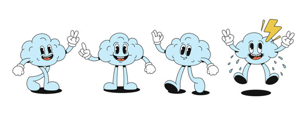 Set of funny clouds in retro style. Groovy characters with faces, arms and legs. Vector illustration.