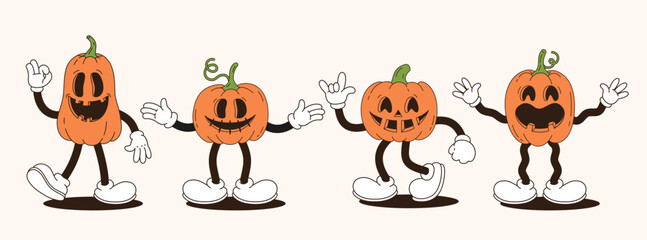 Fototapeta premium Set of Halloween pumpkin in retro style. Groovy characters with faces, arms and legs. Vector illustration.