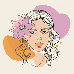 Modern abstract line minimalistic women faces arts with different shapes for wall decoration, postcard or brochure cover design. lineart vector illustration women face with flower color blobs style