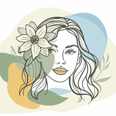 Modern abstract line minimalistic women faces arts with different shapes for wall decoration, postcard or brochure cover design. lineart vector illustration women face with flower color blobs style