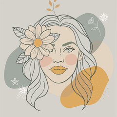 Modern abstract line minimalistic women faces arts with different shapes for wall decoration, postcard or brochure cover design. lineart vector illustration women face with flower color blobs style