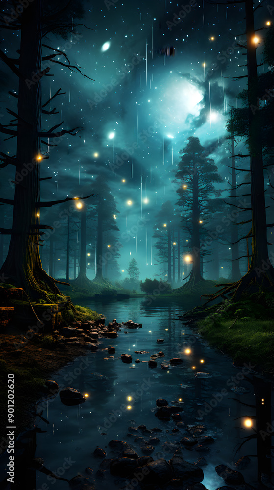 Poster a mystical forest scene with a river flowing through it. the sky is filled with shooting stars and t