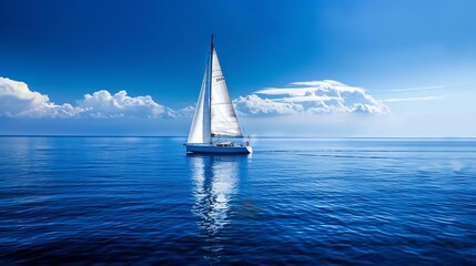Obraz premium A sailboat sails on a calm blue ocean under a bright blue sky with white clouds.