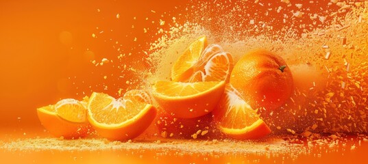 Mandarin chaos with an explosion of colors on a fuzzy orange background