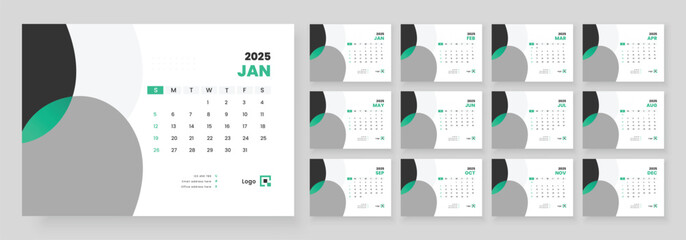 Desk Calendar 2025, Office Calendar 2025, Template for annual calendar 2025, Week Starts on sunday.