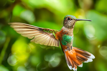 A hummingbird flying through the air with its wings spread