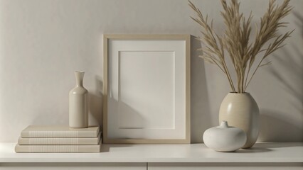 A minimalist setup features a beige tabletop with a few carefully selected decor items.