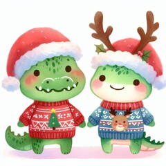 Naklejka premium Two cute cartoon crocodiles wearing Christmas sweaters and hats. One has reindeer antlers.