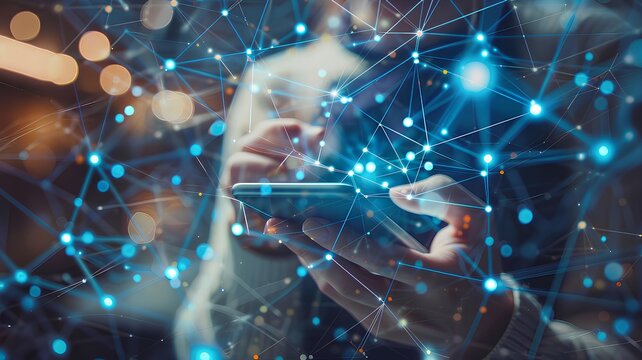 Businessman's hand using smartphone with network connection on blue background. Technology concept
