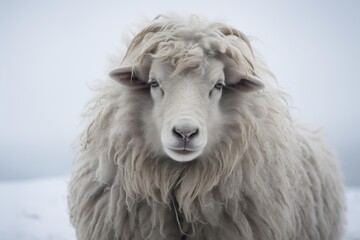 Close-up of a calm sheep with thick wool in a tranquil snowy setting