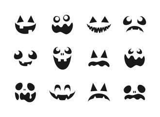 Scary Monster Faces Silhouette Set. Jack O Lantern Face Halloween Pumpkin Icon Collection. Simple Creepy Horror Illustrations.