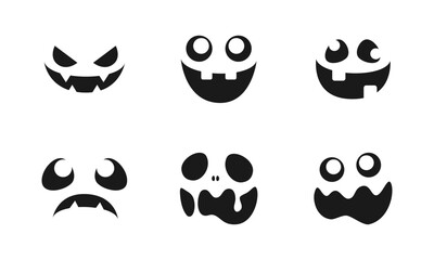 Naklejka premium Scary Monster Faces Silhouette Set. Jack O Lantern Face Halloween Pumpkin Icon Collection. Simple Creepy Horror Illustrations.