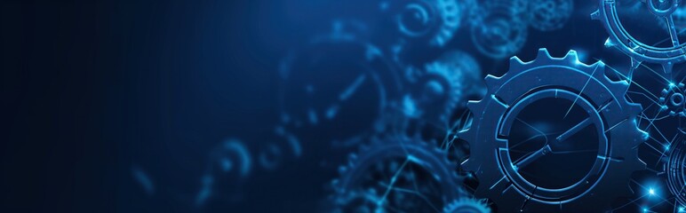 Abstract blue digital technology background with gears and cogs, dark blue banner for web design. A close up of gears in a blue background. Digital low poly 3d gears.
