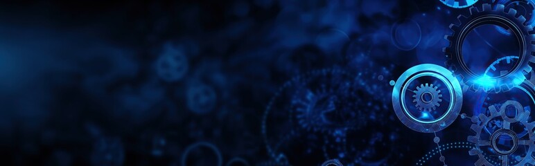 Abstract blue digital technology background with gears and cogs, dark blue banner for web design. A close up of gears in a blue background. Digital low poly 3d gears.