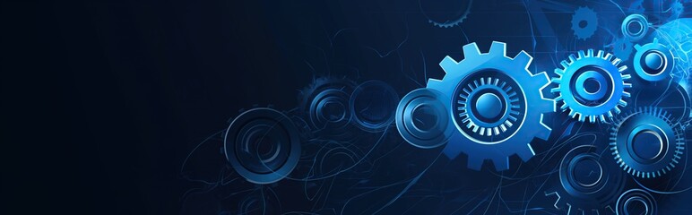 Abstract blue digital technology background with gears and cogs, dark blue banner for web design. A close up of gears in a blue background. Digital low poly 3d gears.