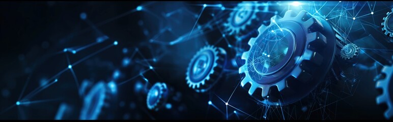 Abstract blue digital technology background with gears and cogs, dark blue banner for web design. A close up of gears in a blue background. Digital low poly 3d gears.