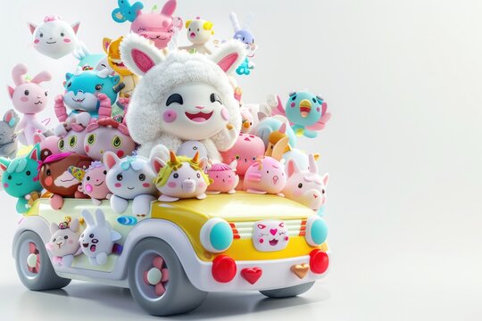 conceptual 3D characters, a toy car full of various supercute kawaii animals