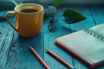 business background with close-up view of a coffee cup beside a notebook and pencil