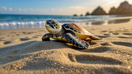 Little turtles that have recently hatched from eggs walk along the sand into the ocean