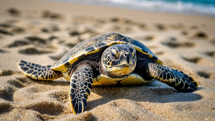 Obraz premium Little turtles that have recently hatched from eggs walk along the sand into the ocean