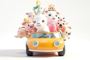 Fototapeta premium conceptual 3D characters, a toy car full of various supercute kawaii animals