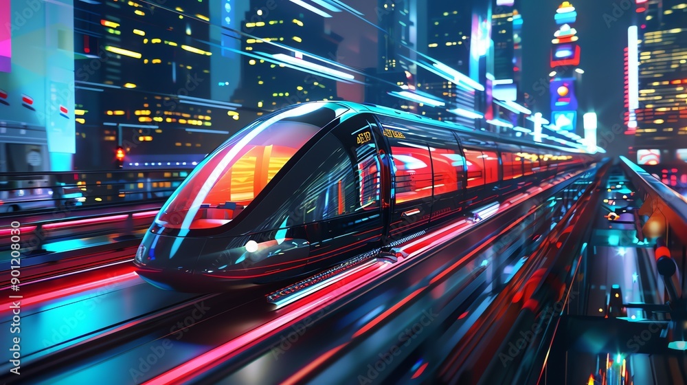 Wall mural A futuristic train traveling through a city at night.