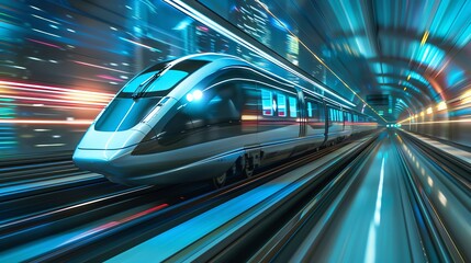 Fototapeta premium A high-speed train traveling through a tunnel with colorful lights.