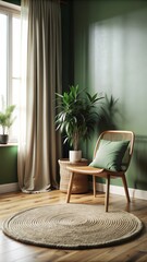 A wooden chair with a green cushion is placed on a wooden floor, next to a blank picture frame leaning against a green wall.