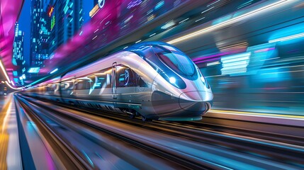 Fototapeta premium A modern high-speed train traveling through a city at night.