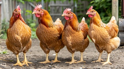 Fototapeta premium Close-up of chickens in a coop, showing their vibrant feathers and curious expressions. Farm life and agriculture concept.