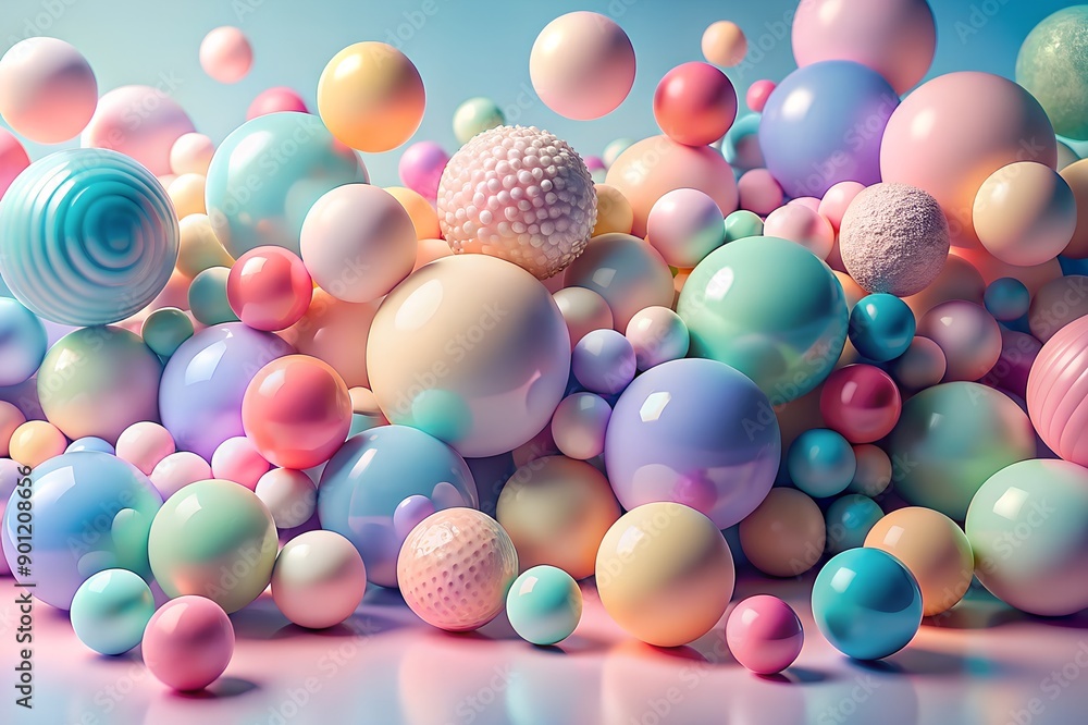 Poster pastel-colored spheres in various sizes creating a whimsical and playful composition. abstract style