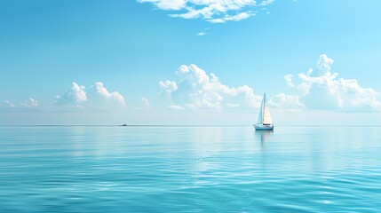 Obraz premium A sailboat sails on a calm blue ocean under a bright blue sky with white clouds.