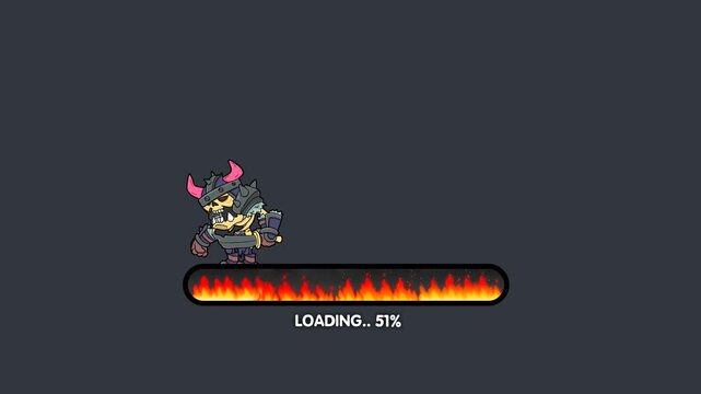 Loading Cartoon Animation Video on Black and Green Screen Background | Gaming Theme | Skeleton Warrior | Download Progress, Preloader Animation Web Design Template. Seamless Loop Animation 4K