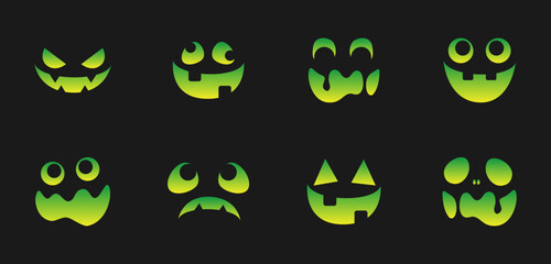 Scary Monster Faces Set. Jack O Lantern Face Halloween Pumpkin Icon Collection. Simple Creepy Horror Illustrations.