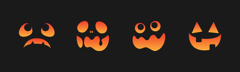 Scary Monster Faces Set. Jack O Lantern Face Halloween Pumpkin Icon Collection. Simple Creepy Horror Illustrations.