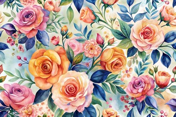 A beautiful, colorful floral pattern featuring a variety of roses and leaves in shades of pink, yellow, and green. Ideal for textile designs, wallpaper patterns, and floral-themed products.