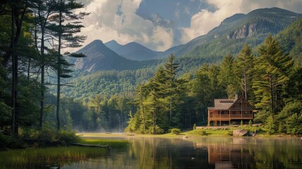 Fototapeta premium A secluded cabin nestled among the serene beauty of a peaceful lake and dense woods, with the towering summits and rugged cliffs in the background creating a perfect retreat
